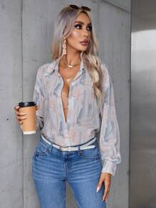 SHEIN Privé 滿版印花前紐扣襯衫 - 橘色 - 查看 4