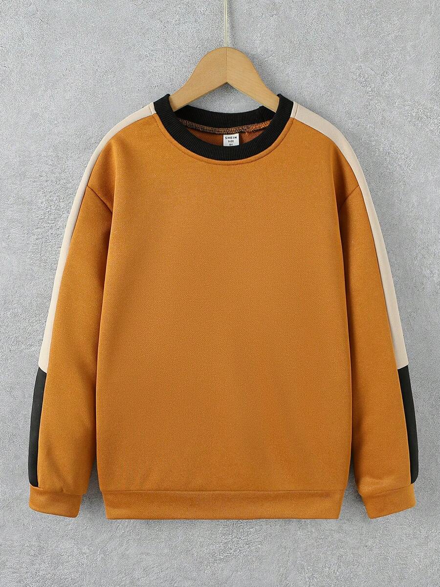 Tween Boy Contrast Side Seam Drop Shoulder Sweatshirt - Brown - View 1