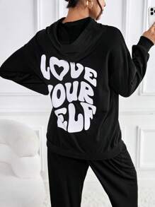 SHEIN Maternity Slogan Graphic Drop Shoulder Hoodie, For Winter - Black - View 3
