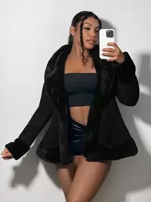 SHEIN SXY Plus Size Casual Solid Color Fuzzy Jacket, Autumn Winter Fall - Black - View 5