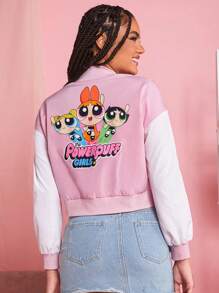 THE POWERPUFF GIRLS X SHEIN 1入組卡通和字母圖案落肩袖飛行員夾克 - 淺粉色 - 查看 2