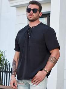 Manfinity Homme 男士大码前抽繩襯衫 - 黑色 - 查看 3