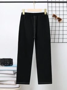 SHEIN Cậu bé Tween Chi tiết Patched thư Khâu trên cùng Quần chân thẳng - màu đen - Xem 2