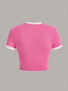 SHEIN EZwear 女士休闲撞色条纹字母印花修身短款T恤，夏季 - 粉色 - 查看 2