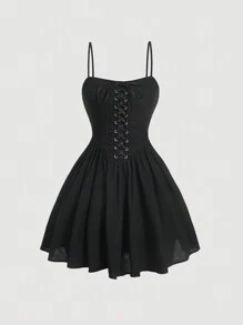 SHEIN MOD 前繫帶吊帶洋裝 - 黑色 - 查看 1