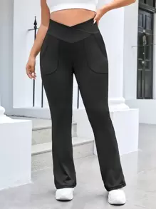 SHEIN Sports Plus Asymmetrical Waist Flare Leg Sports Pants - Black - View 5
