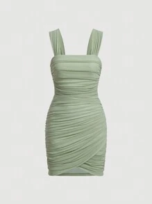 SHEIN MOD Solid Ruched Wrap Hem Cami Dress - Mint Green - View 1