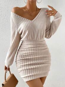 Chiquease Solid V Neck Ruched Bodycon Dress - Apricot - View 3