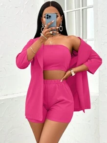 SOLERSUN Solid Tube Top & Shorts & Shawl Collar Blazer - Hot Pink - View 5