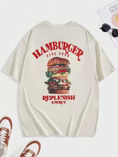 Manfinity BRENVOR Men Hamburger & Letter Graphic Drop Shoulder Oversized Tee, Summer