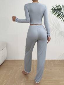 Lace Trim Button Front PJ Set / Pajama Set Lounge Set