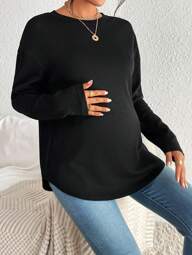 SHEIN Maternity Solid V Neck Drop Shoulder Tee With Long Sleeve