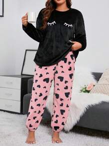 Conjunto de sudadera con cuello redondo de felpa gruesa bordada y pantalón de pijama con estampado de corazón de talla grande