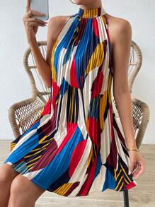 SHEIN VCAY 幾何印花繞頸百褶洋裝 - 彩色 - 查看 6