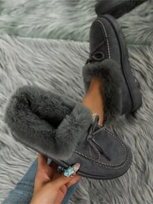 Women's Grey Snow Boots With Rope Bow Decoration - Grey - View 1