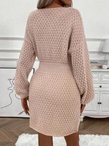 SHEIN LUNE Chất rắn Thả vai Đầm Áo len Không có thắt lưng - Màu Khaki - Xem 2