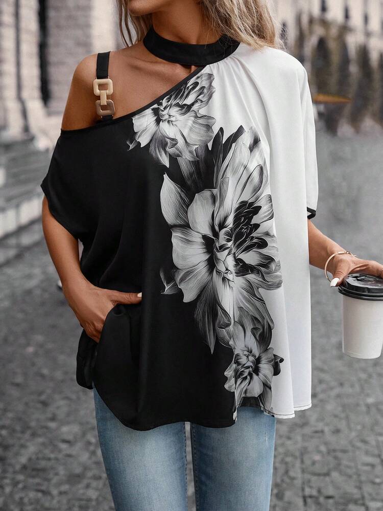 Floral Print Asymmetrical Neck Batwing Sleeve Blouse