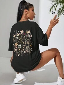 INAWLY Floral Print Drop Shoulder Tee Graphic Tees Women Tops - Black - View 5