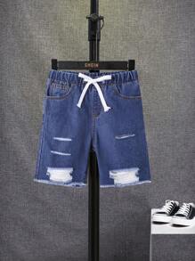 SHEIN Tween Boy Ripped Raw Hem Denim Shorts - Dark Wash - View 1