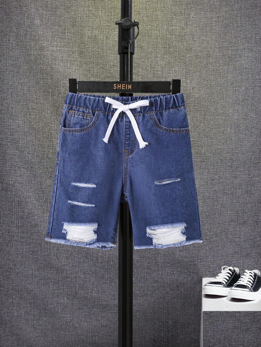 SHEIN Tween Boy Ripped Raw Hem Denim Shorts - Dark Wash - View 1