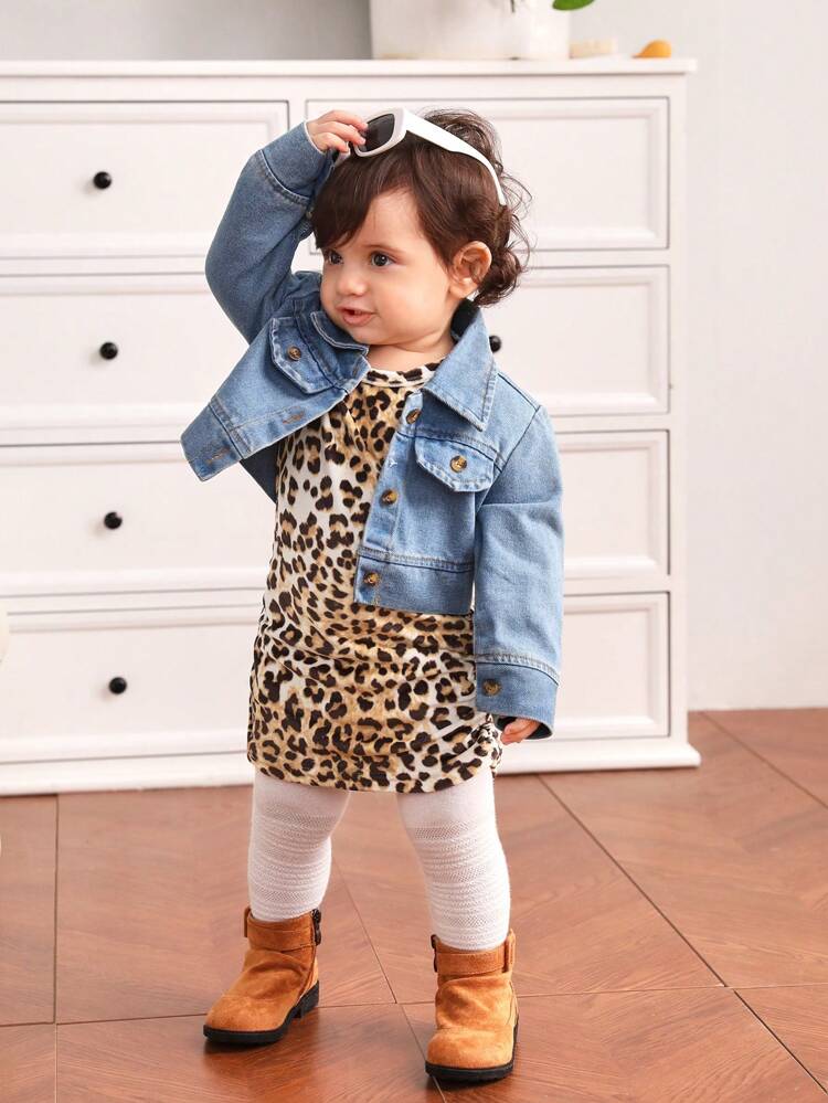Baby Mädchen 1 Stück Leopard Muster, Klappe Detail, Jacke mit & 1 Stück Leopard Muster, Kleid mit