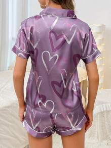 Heart Print Contrast Piping Satin PJ Set / Pajama Set - Purple - View 2