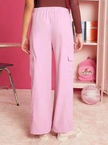 THE POWERPUFF GIRLS X SHEIN 字母圖案側翻蓋口袋工裝褲 - 粉色 - 查看 2