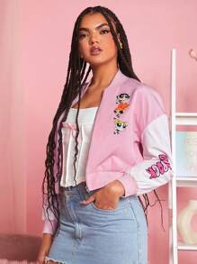 THE POWERPUFF GIRLS X SHEIN 1入組卡通和字母圖案落肩袖飛行員夾克 - 淺粉色 - 查看 7