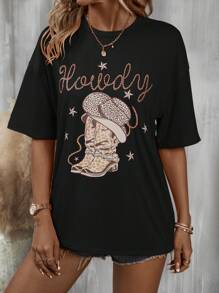 SHEIN LUNE 字母和帽子印花落肩 T 恤 图案 T 恤 女士上衣 - 黑色 - 查看 3