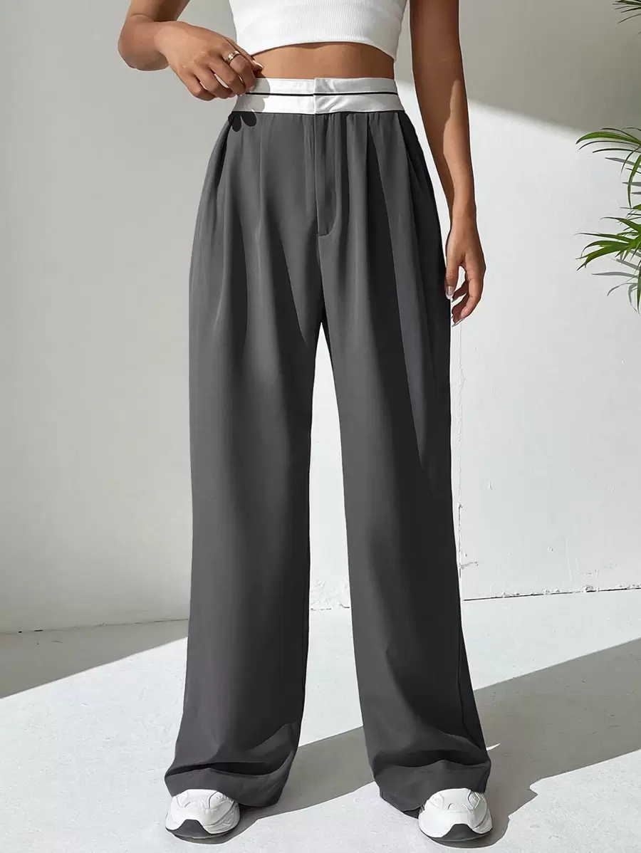 SHEIN EZwear 女士春季時尚百搭灰色高腰寬腿鬆身純色皺褶褲,適用於辦公室ol - 深灰色 - 查看 1
