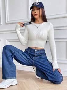 Flirla Solid Ribbed Knit Crop Sweater