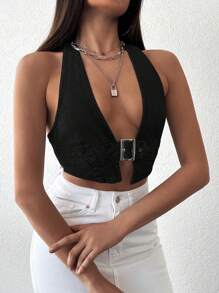 RueChic Buckle Detail Backless Crop Halter Neck Denim Top - Black - View 1