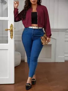 SHEIN Essnce Plus 1pc Valentine's Day Solid Zip Up Crop Bomber Jacket Spring To Summer - Burgundy - View 5