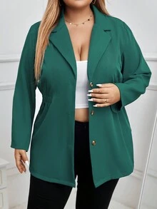 SHEIN Clasi 大碼西裝領前紐扣彈性腰帶外套 - 綠色 - 查看 4