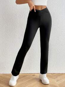 SHEIN PETITE Solid Phone Pocket Flare Leg Pants