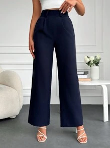SHEIN Cottnline Pantalones de talle alto con fruncido - Azul Marino - Ver 3