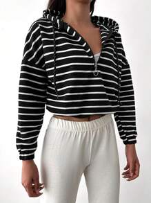 EURMUSE Slouchy Long Sleeve Half-Zip Striped Hoodie With Drawstring - Black and White - View 4