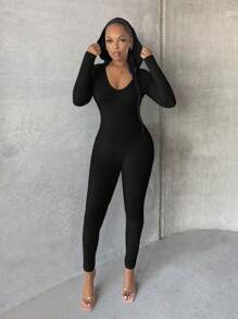 SHEIN SXY 素色交叉露背連帽彈力緊身連體褲 - 黑色 - 查看 2