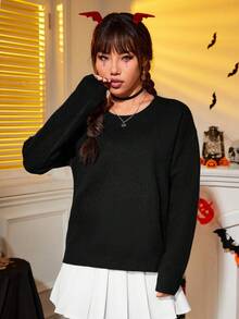 SHEIN Qutie Ma halloween Mẫu Thả vai Áo len - màu đen - Xem 5