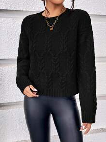 SHEIN Clasi Jersey tejido de cable de hombros caídos - Negro - Ver 3