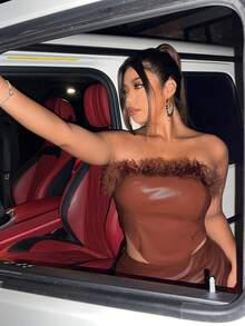 SHEIN Coolane Plus Fuzzy Trim PU Leather Tube Top - Rust Brown - View 4