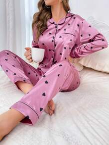 Heart Print Contrast Piping Satin PJ Set / Pajama Set, Fall Clothes Cozy And Elegant Details, Winter - Pink - View 1