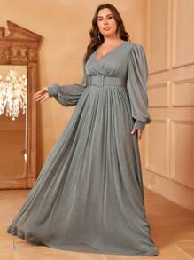 Plus Surplice Neck Lantern Sleeve Belted Party Dress - Grey - View 2