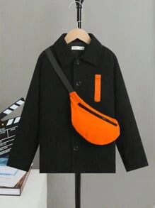 SHEIN Tween Boy Button Up Coat & Bag Without Sweater - Black - View 4