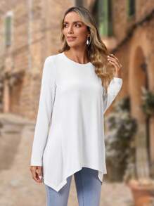 EMERY ROSE Solid Asymmetrical Hem Tee - White - View 5