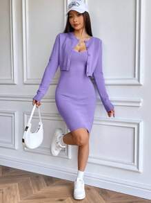 SHEIN Unity Chất rắn Váy len yếm & Nút phía trước Áo len Mở - Màu tím - Xem 6