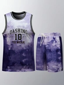 Men Letter Print Tie Dye Contrast Trim Sports Set, Athletic Suit, Tracksuit - Purple - View 1