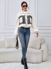 SHEIN Tall Houndstooth Print Drop Shoulder Teddy Jacket - Multicolor - View 4