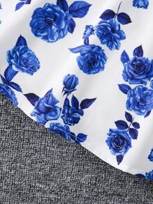 SHEIN Young Girl Floral Print Bow Front Dress & Ruffle Trim Jacket,Holiday,Summer,Travel - Blue and White - View 3