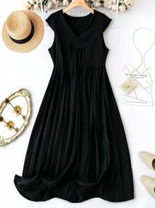 Celure Talla grande Vestido con cinturón unicolor - Negro - Ver 1